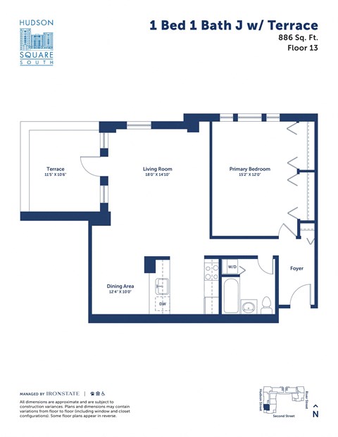 Floor plan for 1 bed, 1 bath, 886 sqft